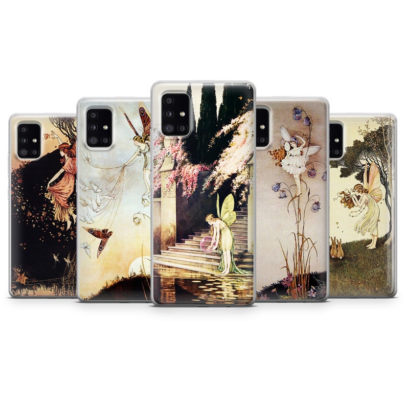 May include: Five different phone cases featuring vintage illustrations of fairies in various settings. The cases are clear and show the images through the plastic.