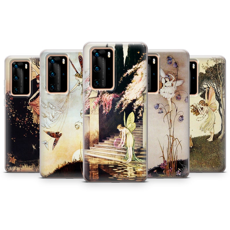 May include: Set of five phone cases featuring different illustrations of fairies in a whimsical garden setting. Each case has a clear background and a colourful image of a fairy with wings, flowers, and other nature elements.