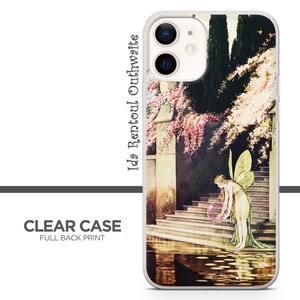 May include: A clear phone case with a full back print of a vintage illustration of a fairy with wings, holding a bubble, standing on a stone staircase leading down to a pond. The illustration is titled "Ida Rentoul Outhwaite".