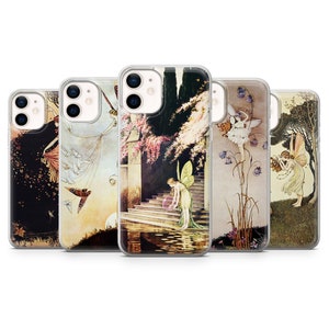 May include: Set of five phone cases featuring vintage illustrations of fairies in various settings. The cases are clear and show the images through the plastic. The images are in a whimsical style with soft colours and delicate details.