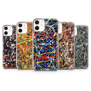 May include: Five different iPhone cases with abstract art designs. The cases feature a variety of colors, including black, white, red, yellow, blue, and green. The designs are reminiscent of Jackson Pollock's drip painting style.