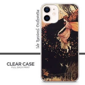 May include: A clear phone case with a full back print of a vintage illustration of a woman in a pink dress with falling leaves and the text "Ida Rentoul Outhwaite".