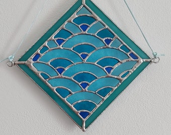 Blue Stained Glass Suncatcher | Japanese Wave Pattern | Tiffany Glass | Hanging Decoration