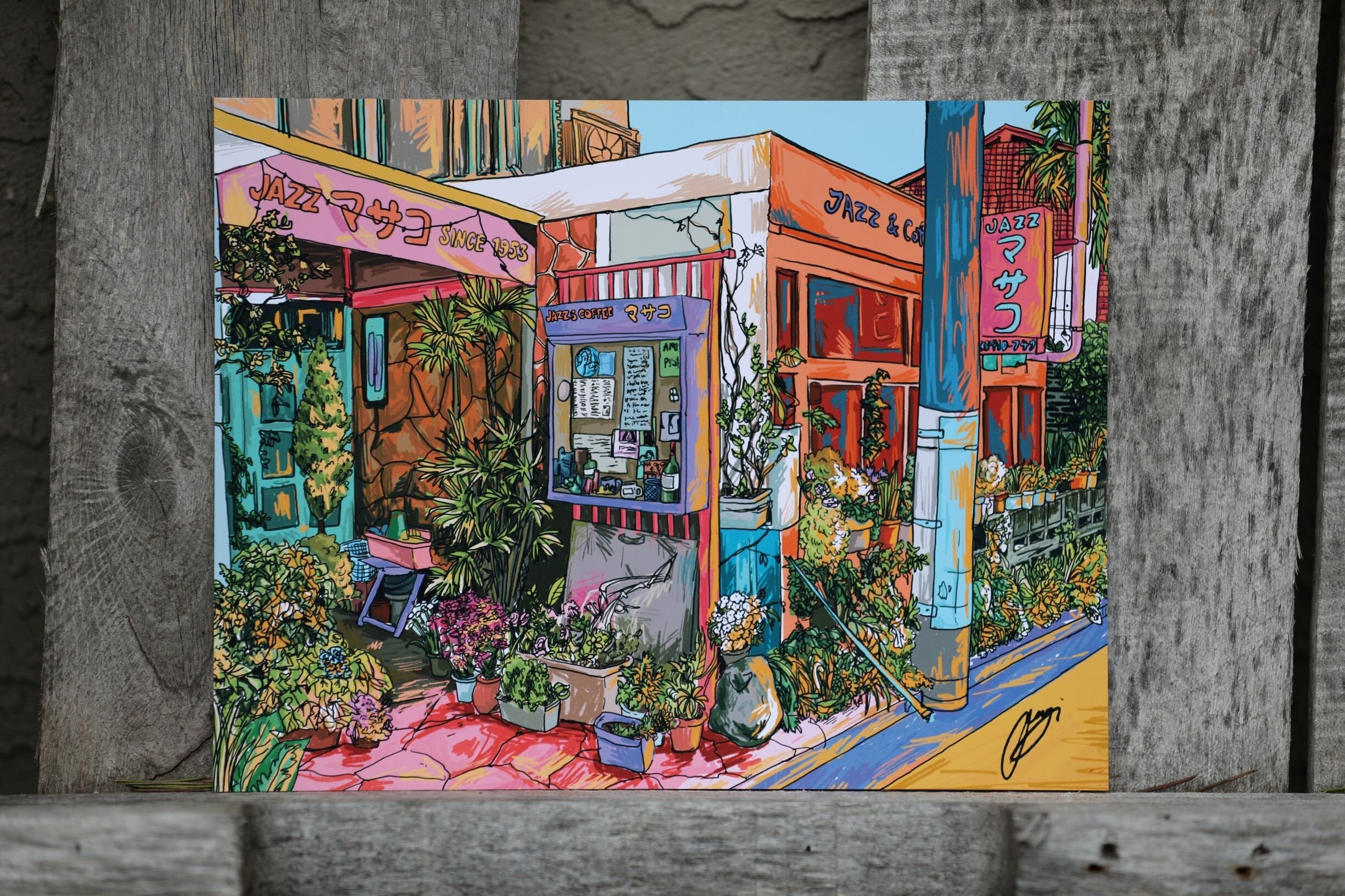 jazz & coffee | landscape art print | japanese street illustration | …