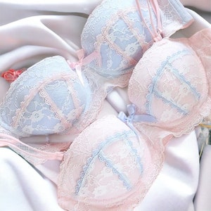 Summer Fresh Blue Bras Collection Japanese Lolita Girl Student Underwear Set  Sweet Cute Underwear Small Bra