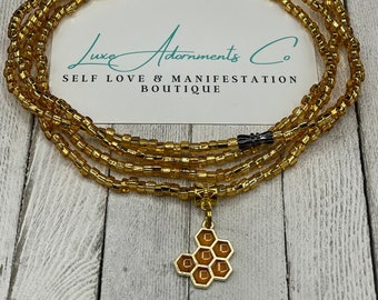 Gold Waist Beads w/ honeycomb charm - Waist Beads with Clasp - Stretch Waist Bead - Plus Size - Weight Loss Tracker - Gift for her pm