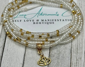 Gold Mix Waist Beads w/ Lotus Charm - Tie on Waist Bead - Belly Chain - Multiple Colors - Weight Control - Self Love - Gift for Her - Luxe