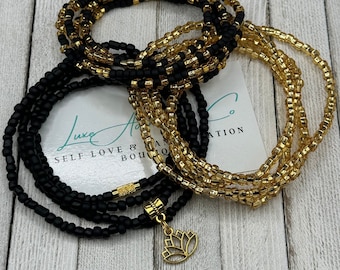 Matte Black African Waist Beads Set (3) w/Gold Lotus Charm - Stretch Belly Chains w/Clasp - Handmade to order - gift for Her - Manifestation