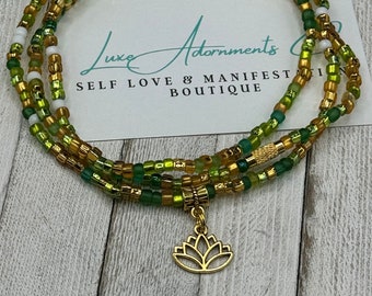 Lotus Waist Beads | Green | Gold | White - Stretch Belly Chain HANDMADE to order w/clasp - body jewelry - gift for her - Luxe Adornments