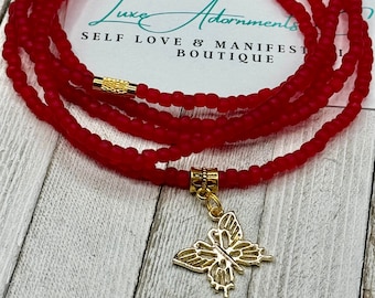 Red Waist Beads: Gold Butterfly Charm, Handmade Stretch Body Jewelry - handmade to order w/clasp - Self Love Gift - Transformation PM
