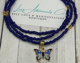 Navy Blue & Gold Waist Beads w/ 'Butterfly' Charm - belly beads - stretch - body beads - weight loss tracker - unique gift - waistbeads