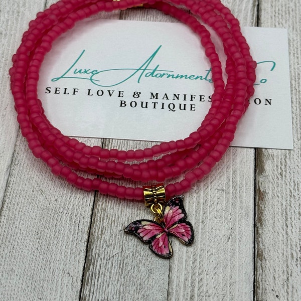 Pink Waist Beads w/ 'Butterfly' Charm - belly beads w/clasp - stretch - body beads - weight loss tracker - unique gift - handmade