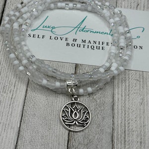 Lotus Waist Beads - white and clear handmade stretch body jewelry w/clasp and charm - gift for her - on sale - luxe adornments - self love