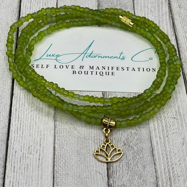 Lt Green Waist Beads w/Gold Lotus Charm - Handmade to order on stretch cord & clasp - gift for her on sale - Luxe Adornments Black Owned pm