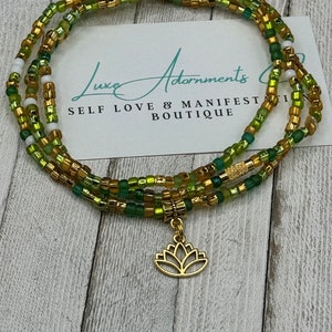 Lotus Waist Beads | Green | Gold | White - Stretch Belly Chain HANDMADE to order w/clasp - body jewelry - gift for her - Luxe Adornments