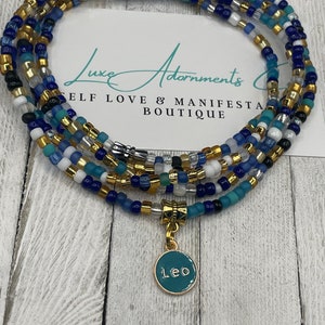 Indigo Blue & Gold Waist Beads w/teal Zodiac Charm - handmade to order on stretch cord w/clasp - weight loss tracker - gift for her on sale