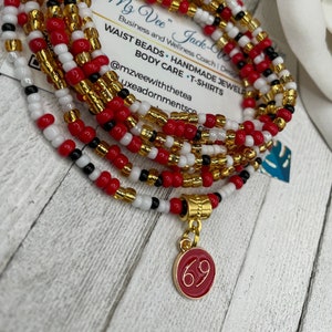 Mixed Waist Beads -  Red, Black, White and Gold - Stretch w/clasp - Zodiac charm optional - gift for her on sale - made to order