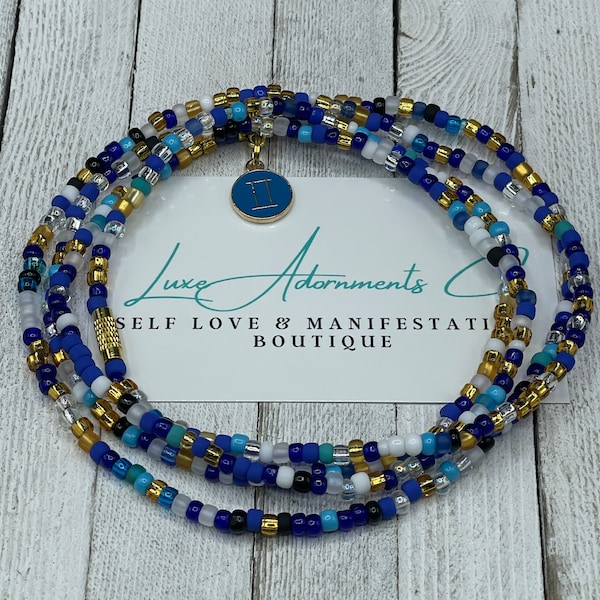 Indigo Blue & Gold Waist Beads w/ Blue Zodiac Charm - handmade to order on stretch cord w/clasp - weight loss tracker - gift for her on sale