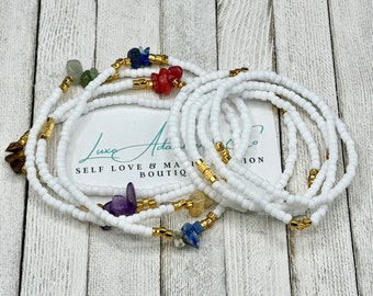 Chakra Gemstone Waist Bead Set - Handmade Stretch Weightloss Tracker - Matte White & Gold Belly Beads w/crystals and clasp - Luxe Adornments