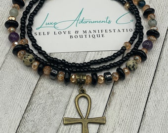 BLACK GIRL MAGIC - African Waist Beads w/Amethyst, Hematite, Jasper, & Large Ankh Charm - Luxe Adornments - Afrocentric body jewelry gift