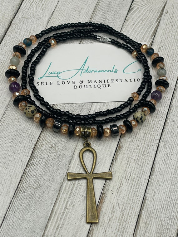 BLACK GIRL MAGIC - African Waist Beads w/Amethyst, Hematite, Jasper, & Large Ankh Charm - Luxe Adornments - Afrocentric body jewelry gift