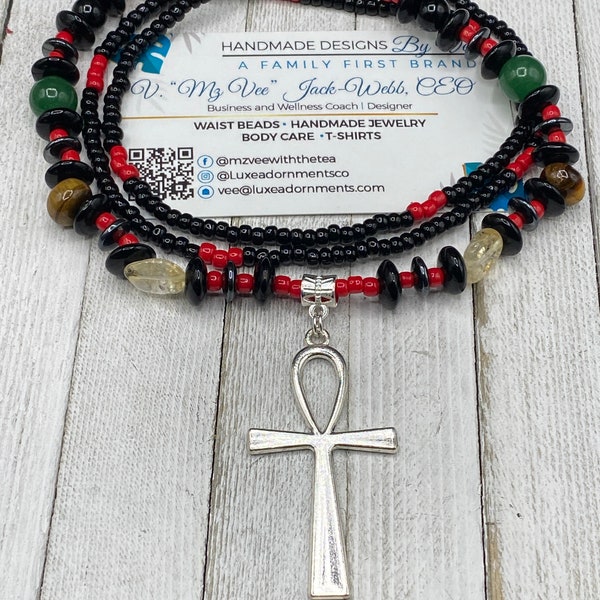 Black and Red Waist Bead - Belly Chain - Large Ankh Charm - Tiger Eye - Jasper - Hematite - Aventurine - Citrine - Stretch Waist Bead