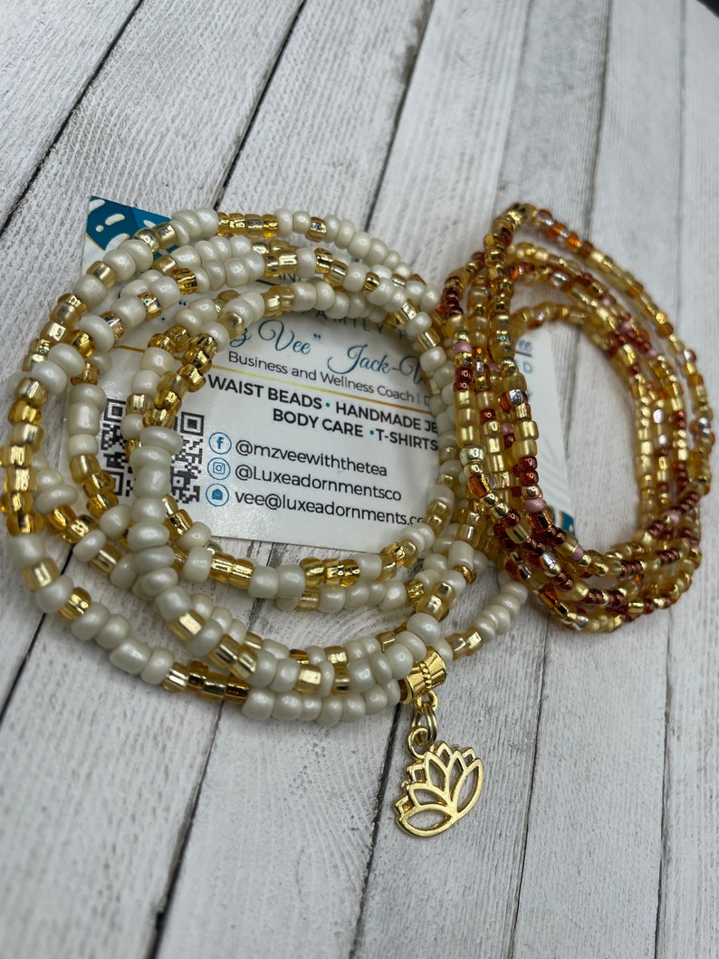 Cream and Gold Waist Bead Set W/lotus Charm Stretch Weight Etsy