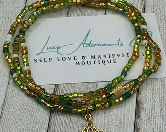 Lotus Waist Beads | Green Gold & White Stretch Belly Chain HANDMADE to order w/clasp | Beaded Body Jewelry | gift for her | Black Owned