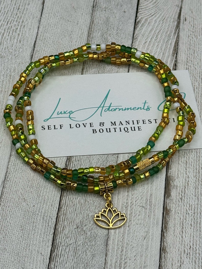 Lotus Waist Beads Green Gold & White Stretch Belly Chain HANDMADE to order w/clasp Beaded Body Jewelry gift for her Black Owned Stretch w/lotus