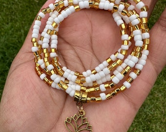 Lotus Waist Beads - White + Gold Mix w/removable charm - Stretch Belly Chain w/ screw clasp - Elastic Waist Bead - Self Love Gift for Her