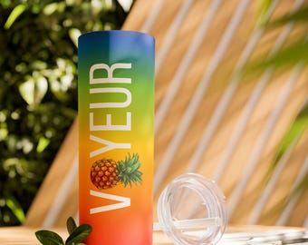 Voyeur Rainbow Tumbler 20oz - Skinny Upside Down Pineapple Swinger Cup Unique Drinkware for Bachelorette Party