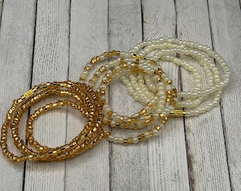 Cream & Gold Waist Bead Set (3) – Stretch Waist Beads w/ Clasp – Weight Loss Tracker – Handmade African Belly Chain – Gift for Her