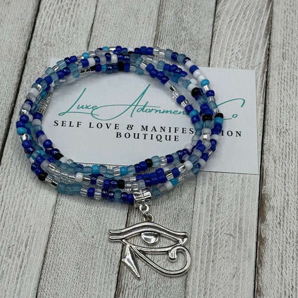 Blue & White Waist Bead - Belly Chain - Eye of Horus charm - eye of ra - stretch w/clasp - weight loss tracker - Unique gift under 20 PM