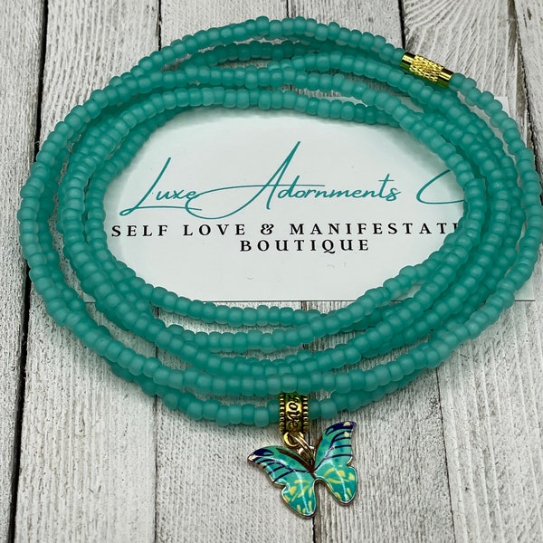 Seafoam Waist Bead w/ Butterfly Charm - Stretch Waist Beads w/ Screw Clasp - Elastic Belly Chain for Self Love and Weight Loss Tracking