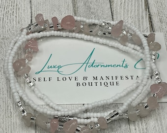 Sweet Love - Rose Quartz Waist Bead - Belly Chain - Genuine Rose Quartz - White/Pink/Silver - Body Jewelry - Luxe Adornments - Waist Beads