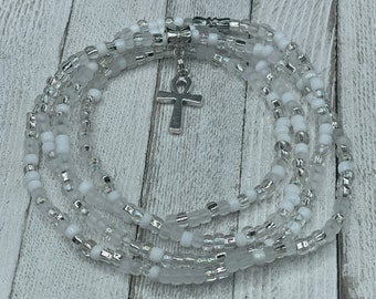 Ankh Waist Beads - Clear + White Belly Chain w/Clasp - Stretch Body Jewelry - Luxe Adornments - Handmade Gift for Her - Removable Waist Bead