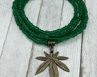 Waist Beads w/Cannabis charm - Belly Chain - Green - Handmade on stretch cord w/clasp - marijuana jewelry - gift for her - Luxe Adornments