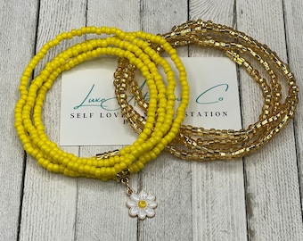 Set of 2 Waist Beads - Yellow and Gold Waist Beads w/ Charm and Clasp - Stretch Waist Beads - Plus Size - Belly Chain - Weight Loss Tracker