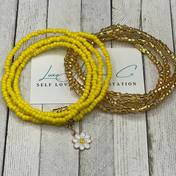 Set of 2 Waist Beads - Yellow and Gold Waist Beads w/ Charm and Clasp - Stretch Waist Beads - Plus Size - Belly Chain - Weight Loss Tracker