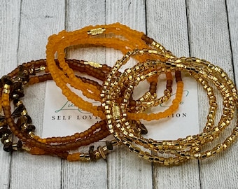 Tigers Eye Gemstones Waist Bead Set - Stretch Waist Chain - Sacral Chakra Body Jewelry - Weight Loss Tracker - Body Chains - Gift For Her