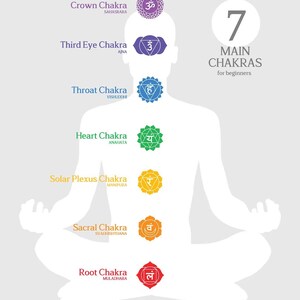 May include: An illustration of a meditating figure with seven chakras labeled: Crown, Third Eye, Throat, Heart, Solar Plexus, Sacral, and Root. Each chakra is represented by a symbol and color, with the text "7 Main Chakras for beginners" in the upper right.