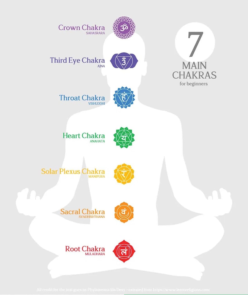 May include: An illustration of a meditating figure with seven chakras labeled: Crown, Third Eye, Throat, Heart, Solar Plexus, Sacral, and Root. Each chakra is represented by a symbol and color, with the text "7 Main Chakras for beginners" in the upper right.
