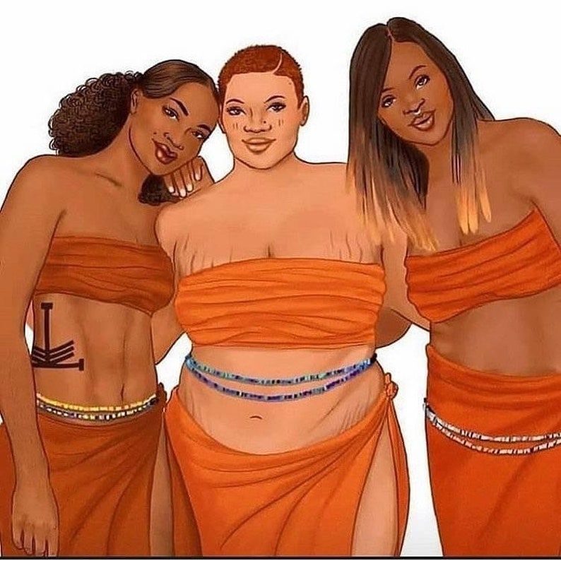 May include: Three women of color wearing orange wraparound skirts and beaded waistbands. The women are smiling and standing close together.