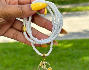 Matte Waist Beads w/ Queen Bee Charm - Waist Bead - Belly Chain - Stretch w/ clasp - Luxe Adornments - Self Love Gift - black or white