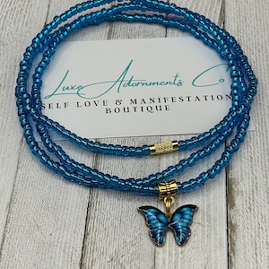 Blue Waist Beads w/ Indigo Butterfly Charm - waistbeads handmade to order w/clasp - self love gift for her ON SALE - Luxe Adornments
