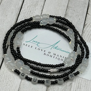 Waist Beads - Black QUEEN Belly Chain - Glow in the Dark UV beads - Stretch Belly Beads - with clasp - weight loss tracker - gift for her
