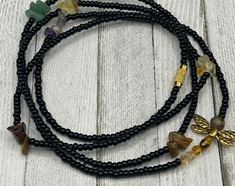 Dainty Black Waist Beads w/Dragonfly - Amethyst, Citrine, Green Aventurine, and Tiger Eye on Stretch w/clasp - Luxe Adornments - on sale