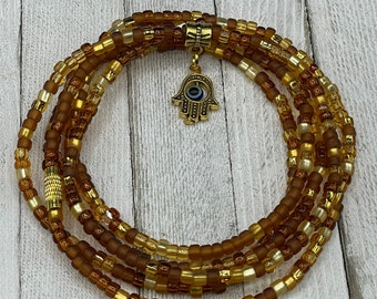 Hamsa Hand Waist Bead - Brown + Gold Stretch Waist Beads w/clasp - Removable Charm - Ground + Protected Earth Tones Belly Chain Jewelry pm
