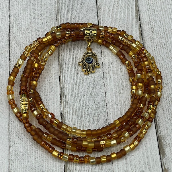 Hamsa Hand Waist Bead - Brown + Gold Stretch Waist Beads w/clasp - Removable Charm - Ground + Protected Earth Tones Belly Chain Jewelry pm