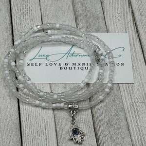 Clear and White Waist Beads w/silver hamsa hand charm - African belly beads - weight loss tracker - stretch w/clasp - Unique gift under 20